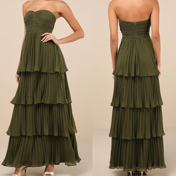 Lulus Dresses & Skirts - NWOT Seriously Sensational Olive Green Strapless Tiered Maxi Dress